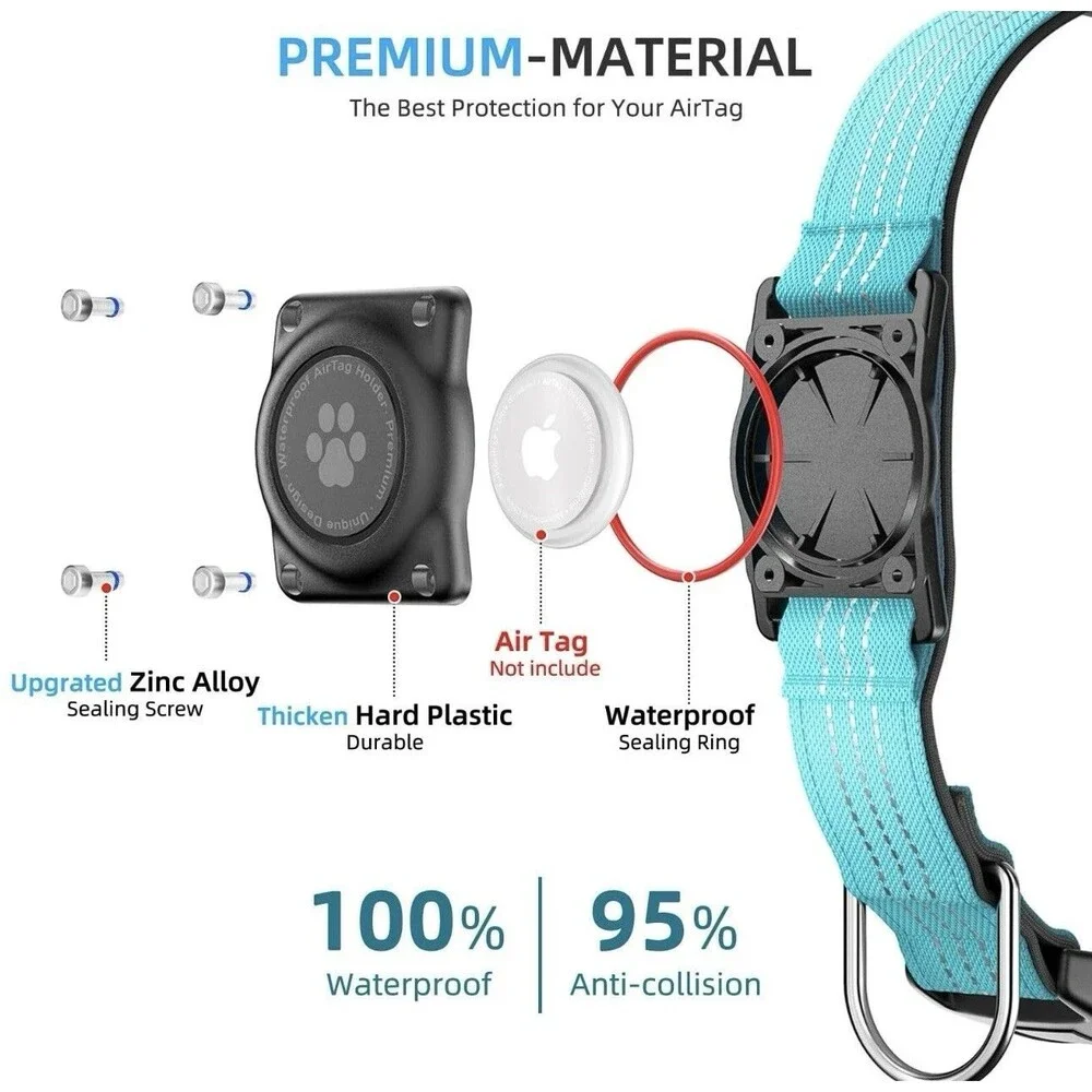 Waterproof Air Tag Dog Collar Holder Light Blue With Quick Release Lock, Large